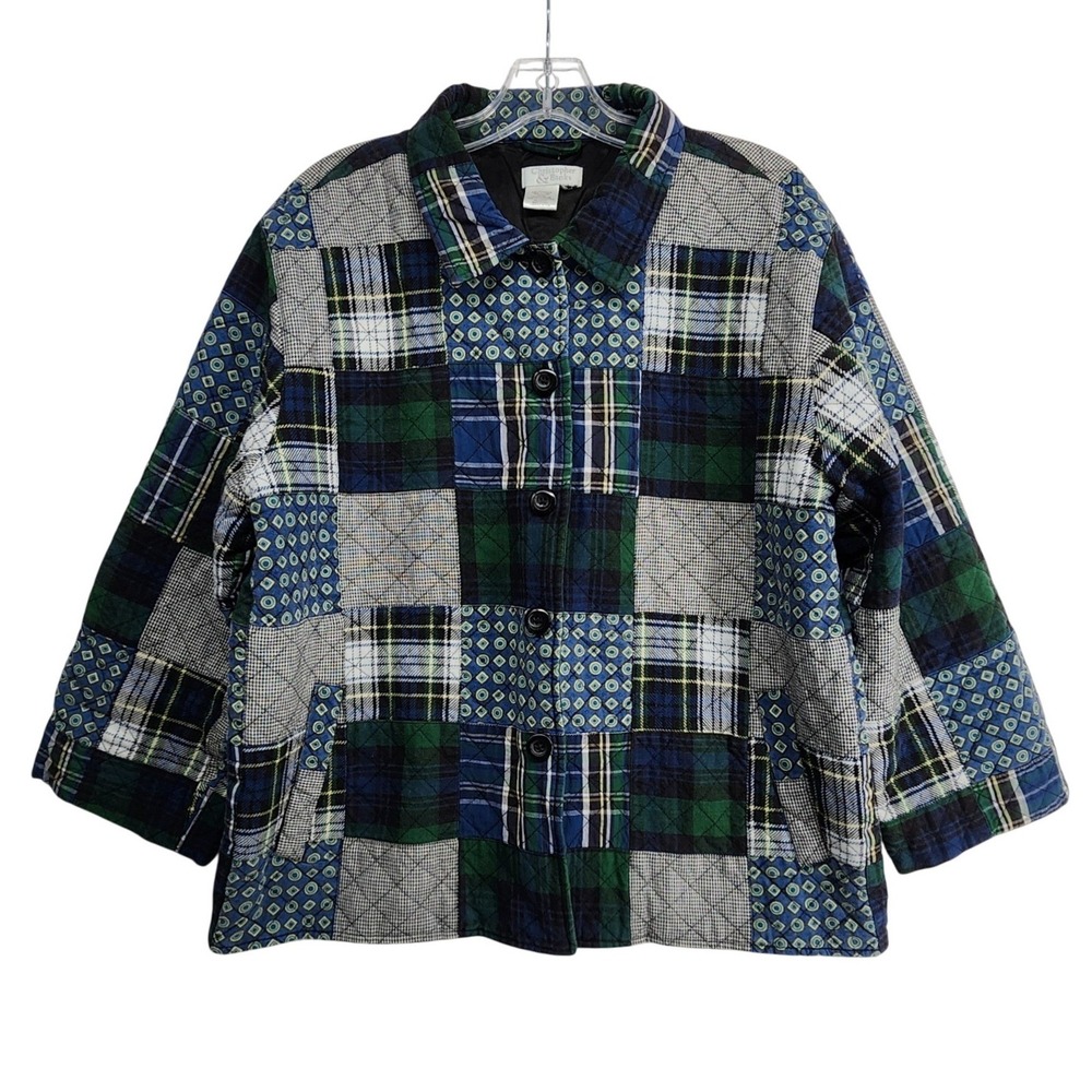 Christopher & Banks L Blue Green Plaid Quilted Patchwork Jacket Cottagecore Boho